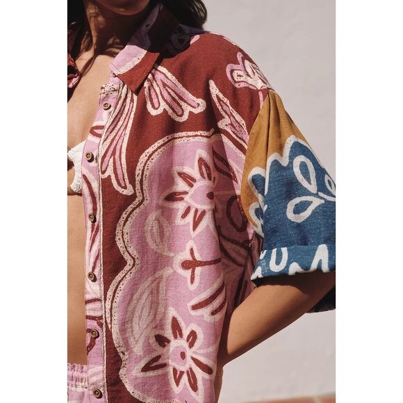 By Anthropologie Short-Sleeve Printed Linen Button down Shirt 3X Plus Size - Picture 3 of 4